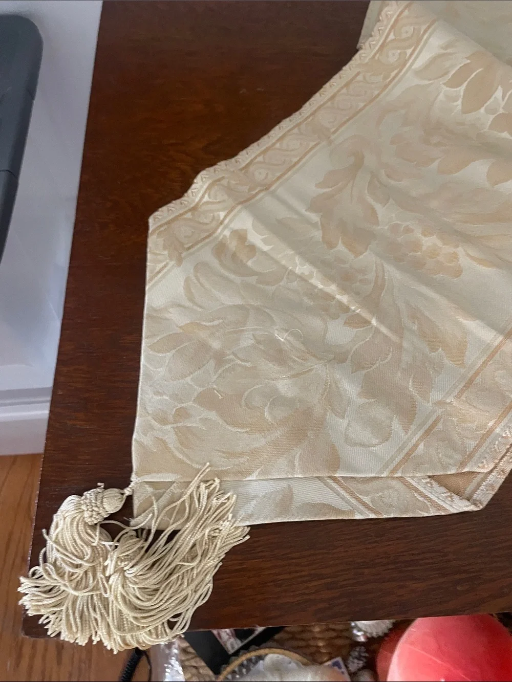 Damask beige table runner like new with tassels